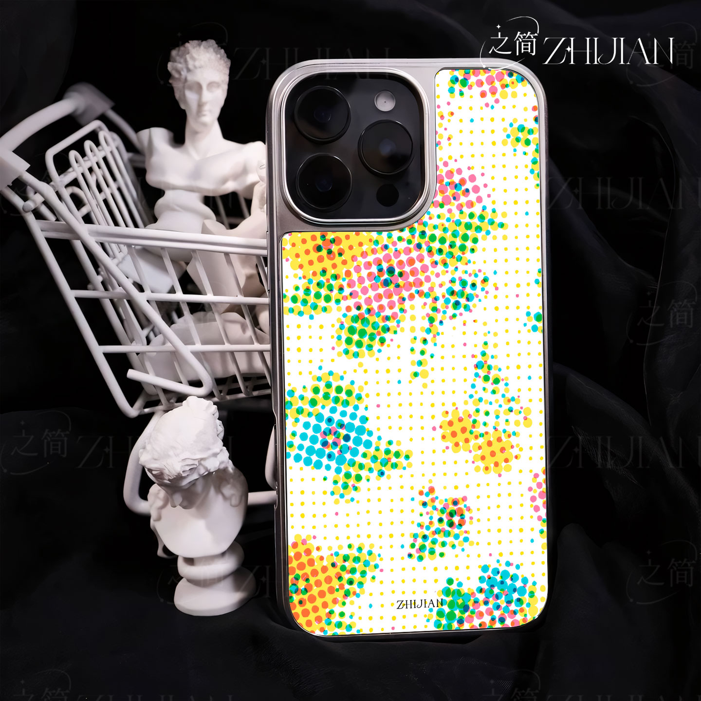 之简ZHIJIAN《圆点缤纷》电镀黑框磨砂磁吸手机壳适用苹果iphone17promax华为MATE60PROP70ULTRAP70PRO