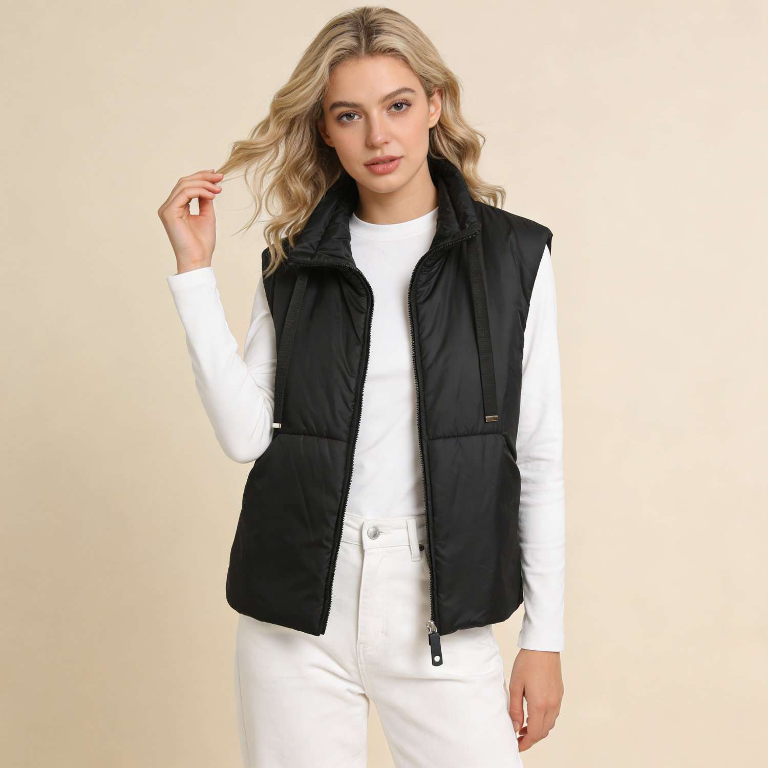 欧美风轻盈保暖珍奢驼绒填充抽绳立领休闲女款背心马甲外穿内搭,女装/女士精品,时尚羽绒马夹,淘宝优惠券,粉丝福利购,淘宝优惠卷