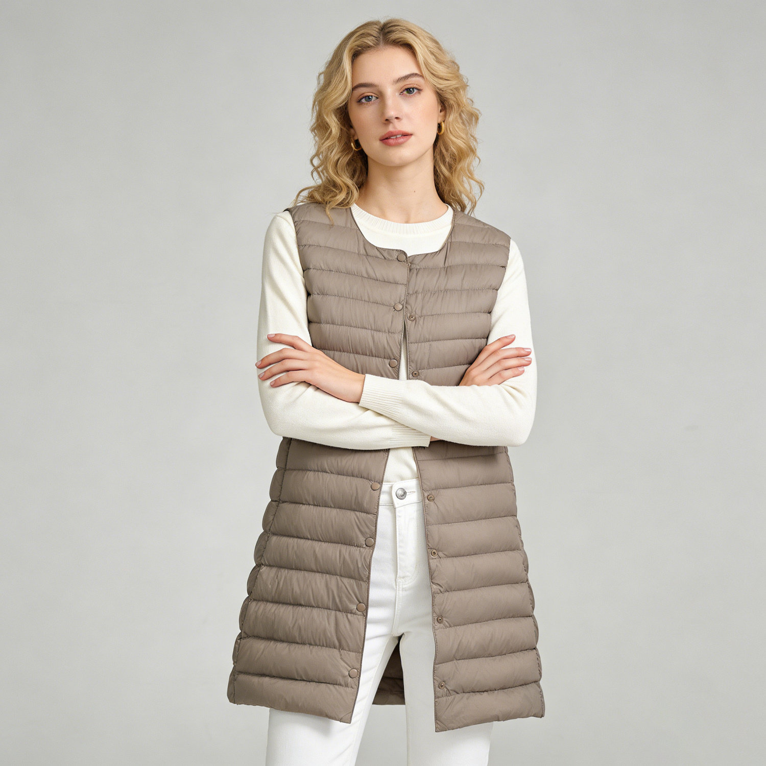 时尚轻薄款羽绒服马甲女中长款圆领秋冬新款坎肩内胆背心可变V领