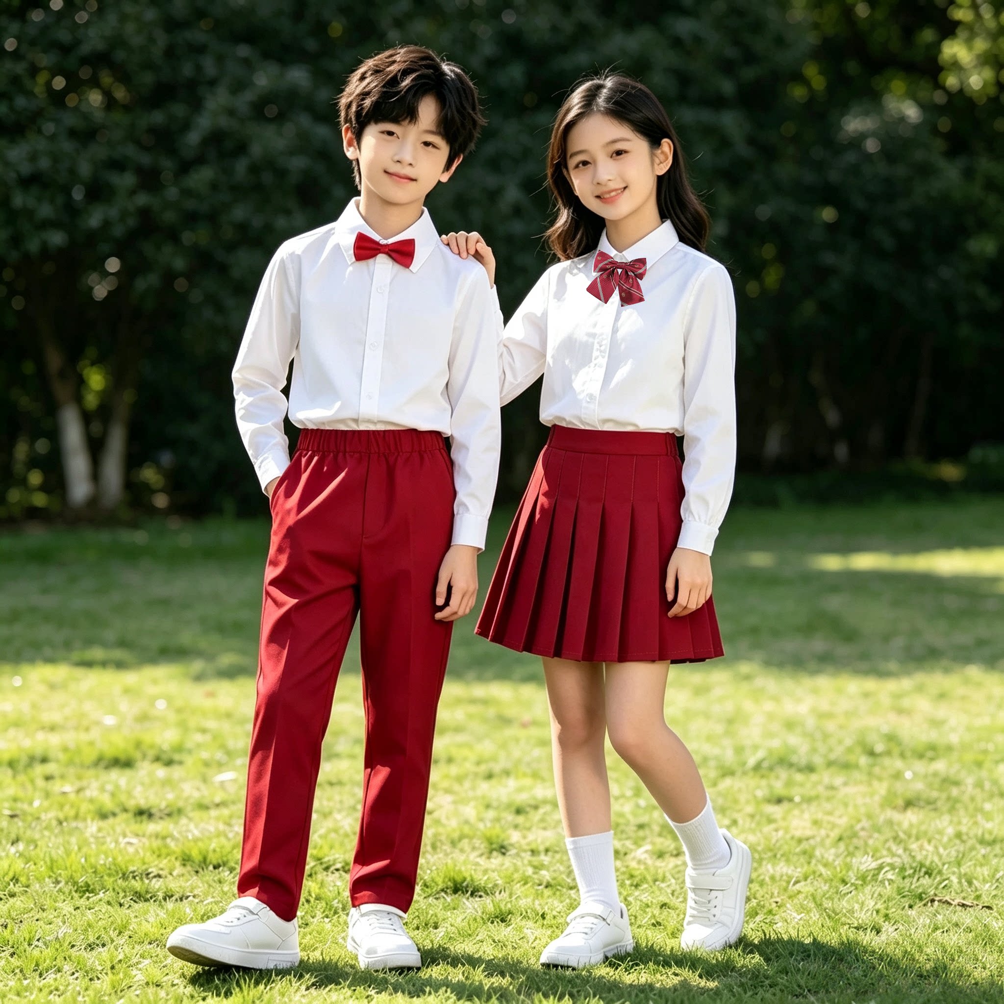 儿童学院风白衬衣红裙表演服班服