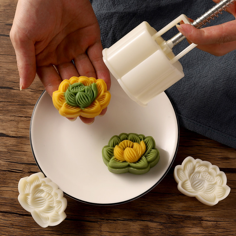 月饼模具莲花模型手压式家用50g宫廷六角国潮风荷花糕点点心磨具