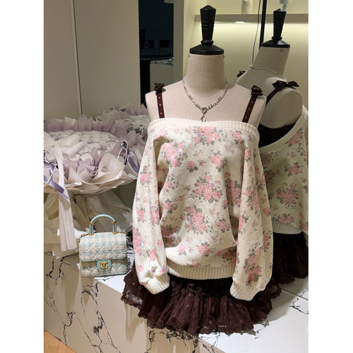 古早千金风甜美一字领毛衣套装