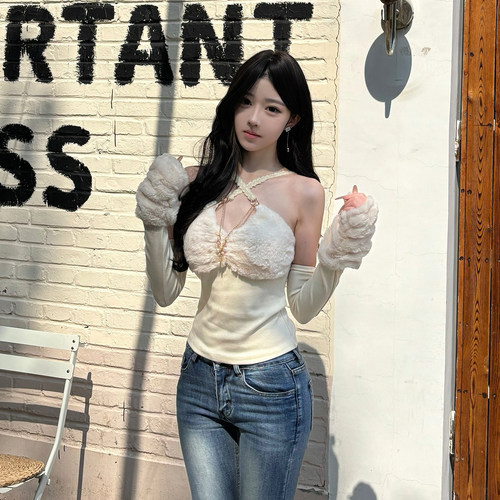 毛毛杏色内搭短款打底上衣女