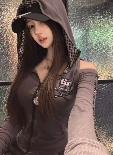 【小雨的岛】d.i.a风修身闪闪千鸟格露肩卫衣外套