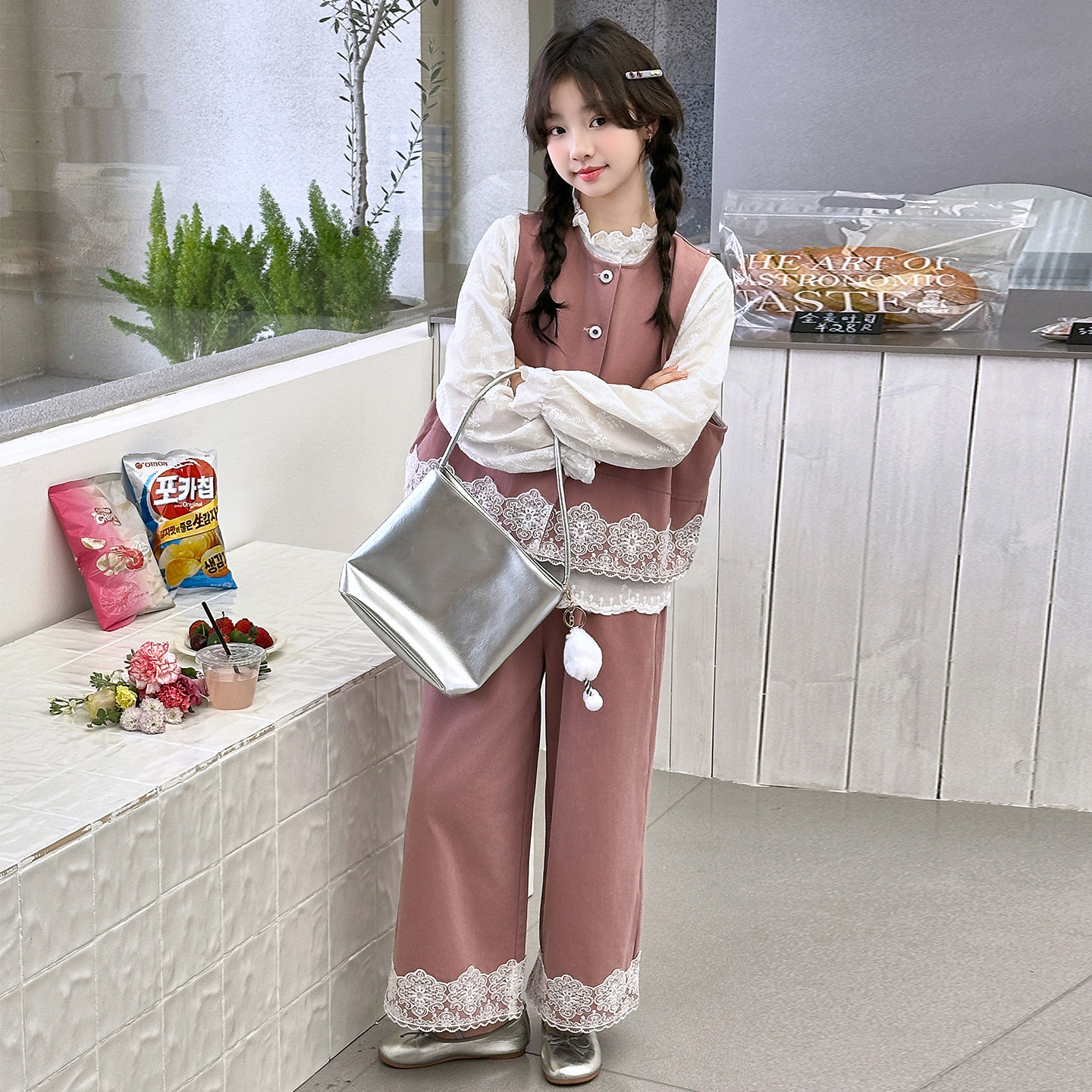 女童春秋甜美蕾丝马甲裤套装