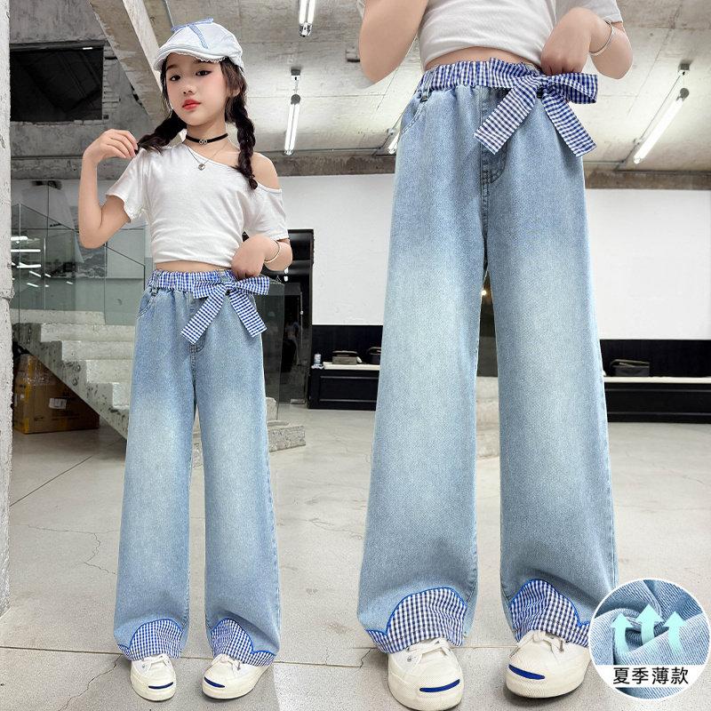 女童牛仔阔腿裤夏季薄款2026新款中大童宽松直筒儿童格子腰带裤子