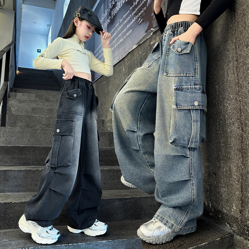 女童裤子春秋2025新款儿童洋气时髦大童宽松直筒阔腿裤工装牛仔裤