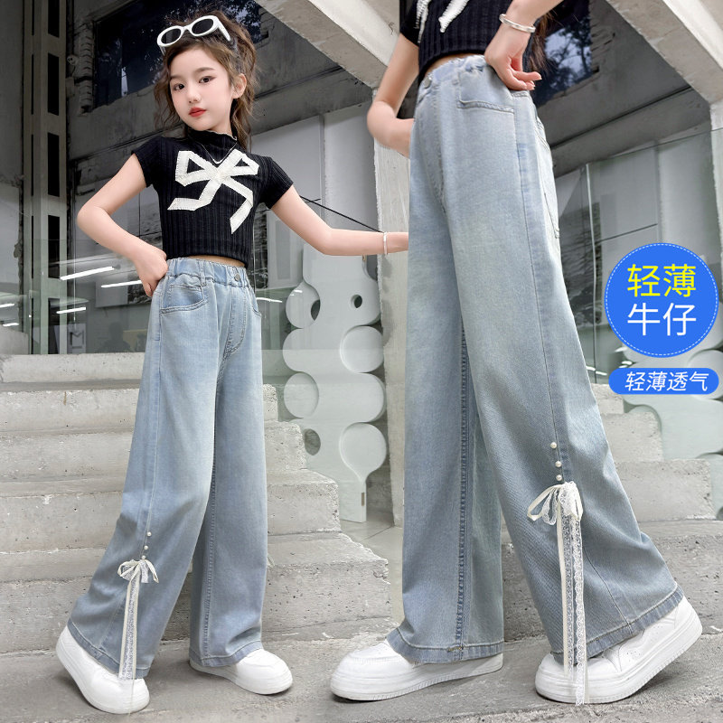 女童夏季薄款阔腿牛仔裤2026新款中大童洋气宽松直筒钉珠儿童裤子