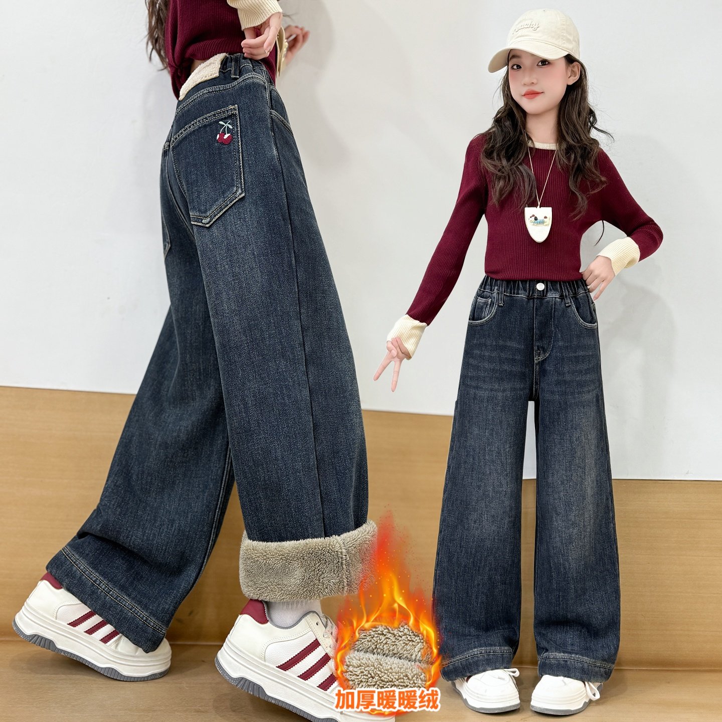 女童加绒牛仔裤2025新款阔腿裤冬季加厚超厚羊羔绒保暖裤子直筒裤
