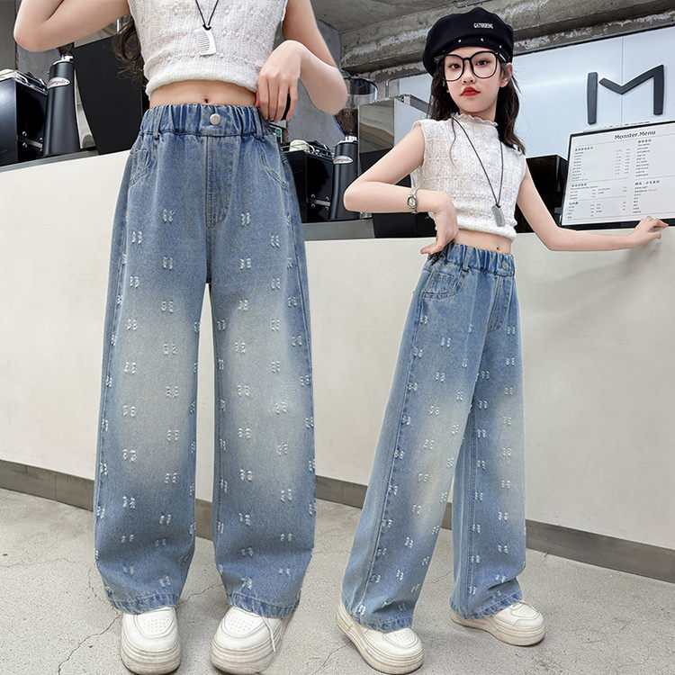 女童裤子春秋款2026新款提花破洞洋气时髦宽松直筒儿童阔腿牛仔裤
