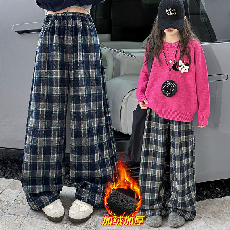 女童裤子2025新款儿童洋气大童春秋宽松直筒阔腿裤加绒格子休闲裤