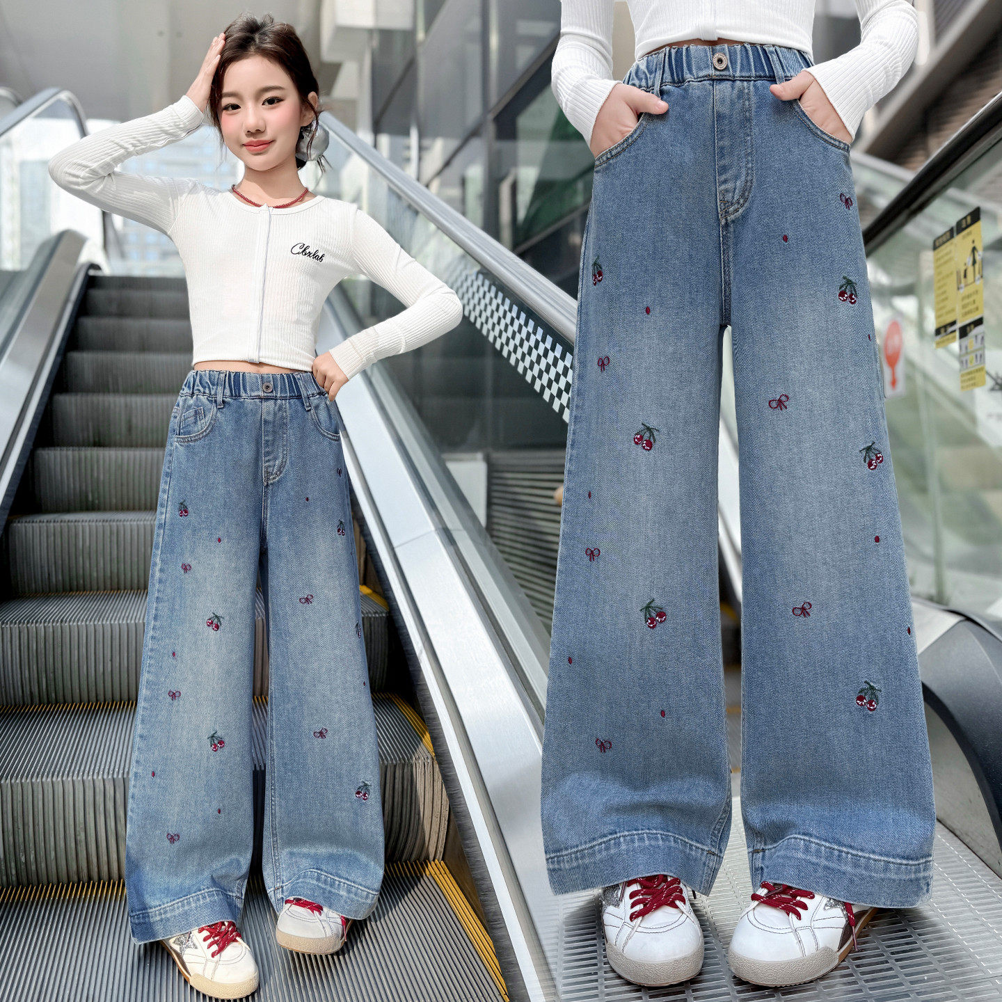 女童裤子春秋2026新款樱桃刺绣牛仔裤阔腿裤中大童儿童洋气直筒裤