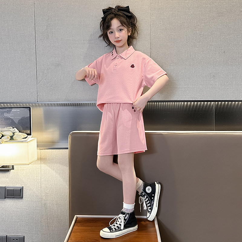 女童夏季POLO衫套装大童休闲洋气粉色短袖短裤两件套儿童运动穿搭