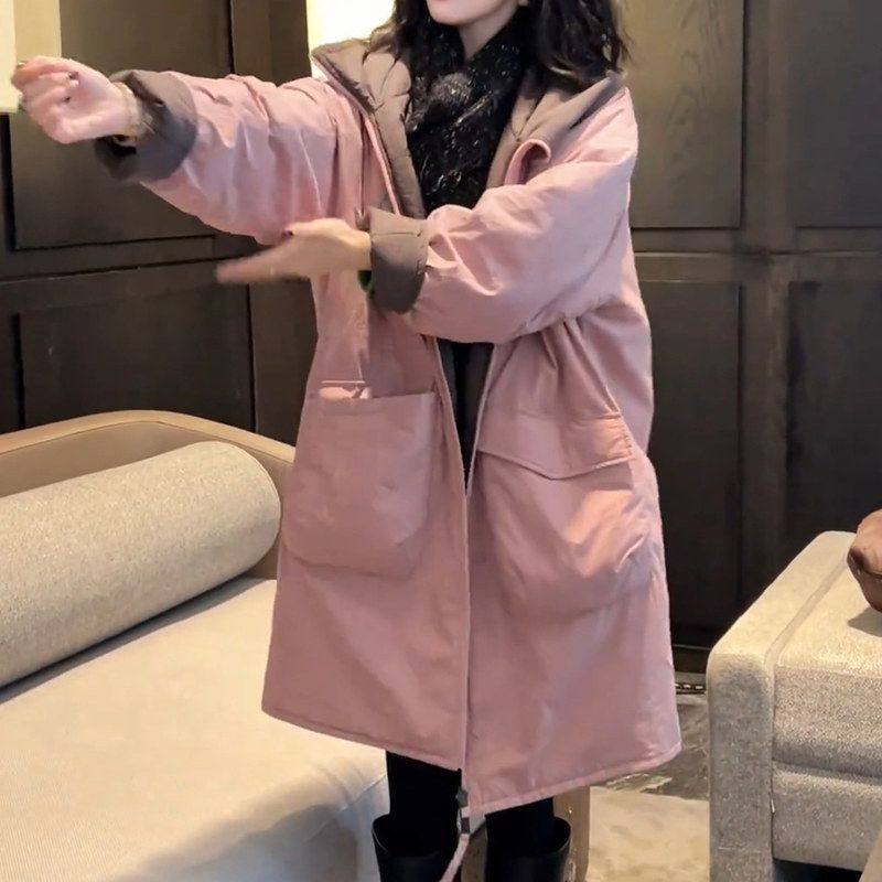 感新款双面穿连帽棉服女款冬季派秋冬休闲宽松中长款棉衣夹棉外套