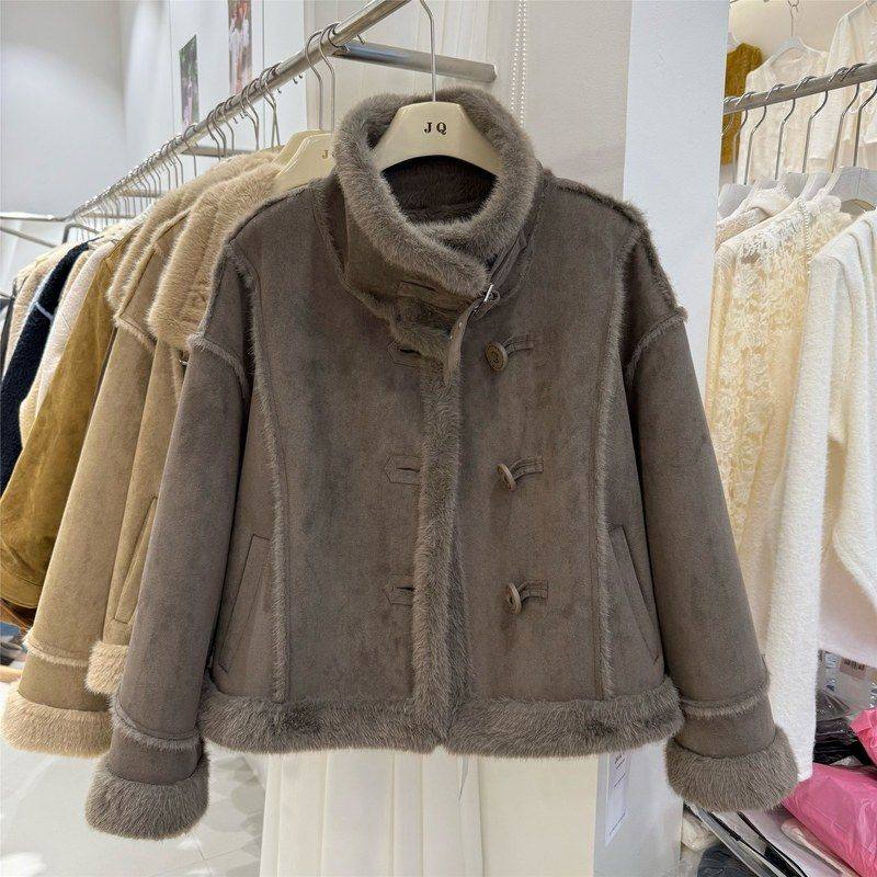 冬季新韩系感麂皮绒放水貂毛皮毛一体加厚保暖机车外套女