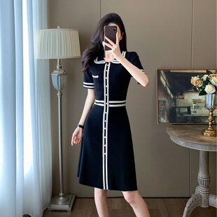 名媛气质裙 新款 7040短裙小香风轻奢感修身 黑白撞色针织连衣裙夏季