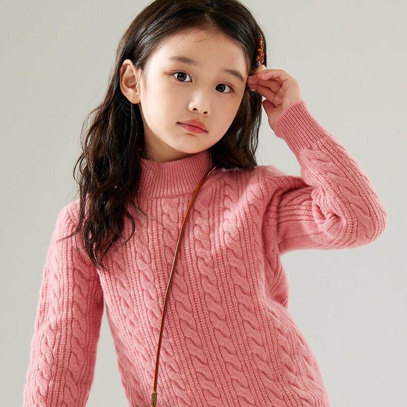 男童加厚套头宽松半高圆领女童儿童针织毛衣纯色打底100%羊毛上衣