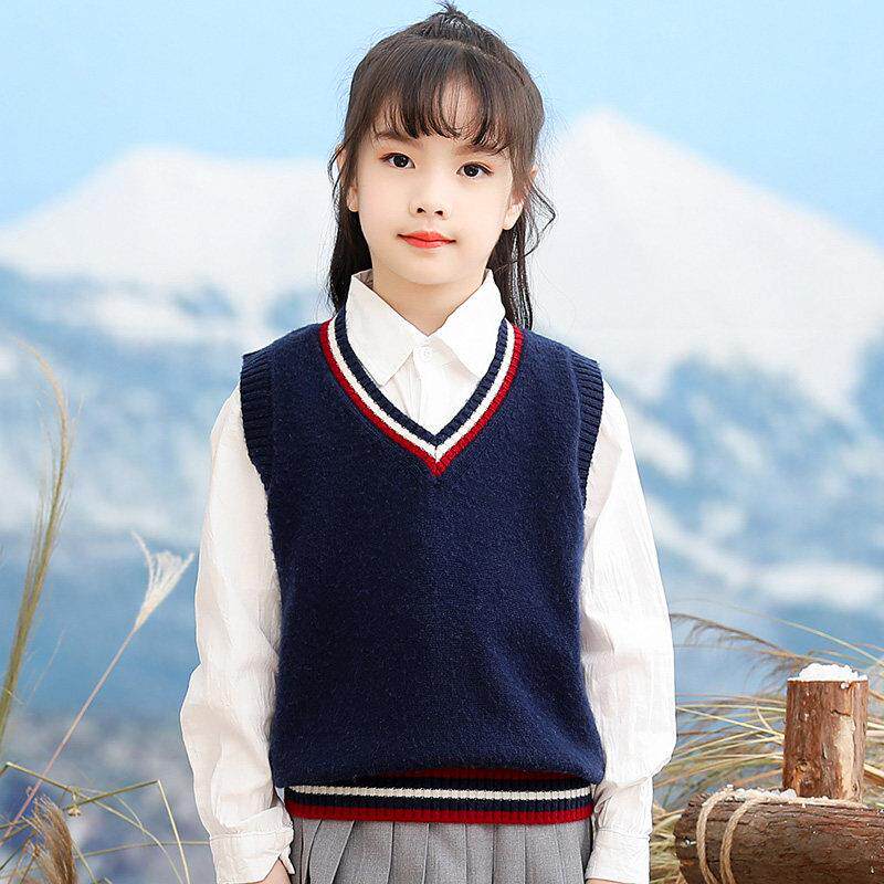 儿童100%纯羊毛马甲男童女童V领坎肩春秋冬新款小学生校服背心