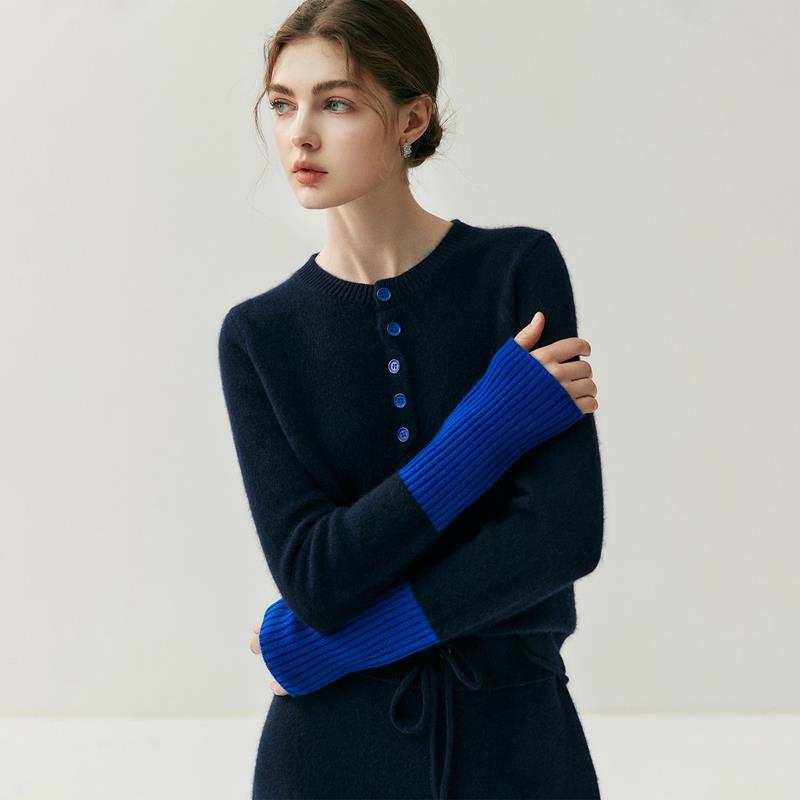 轻奢羊绒！文艺范 女士小山羊绒拼色羊绒衫圆领修身开衫显瘦外套