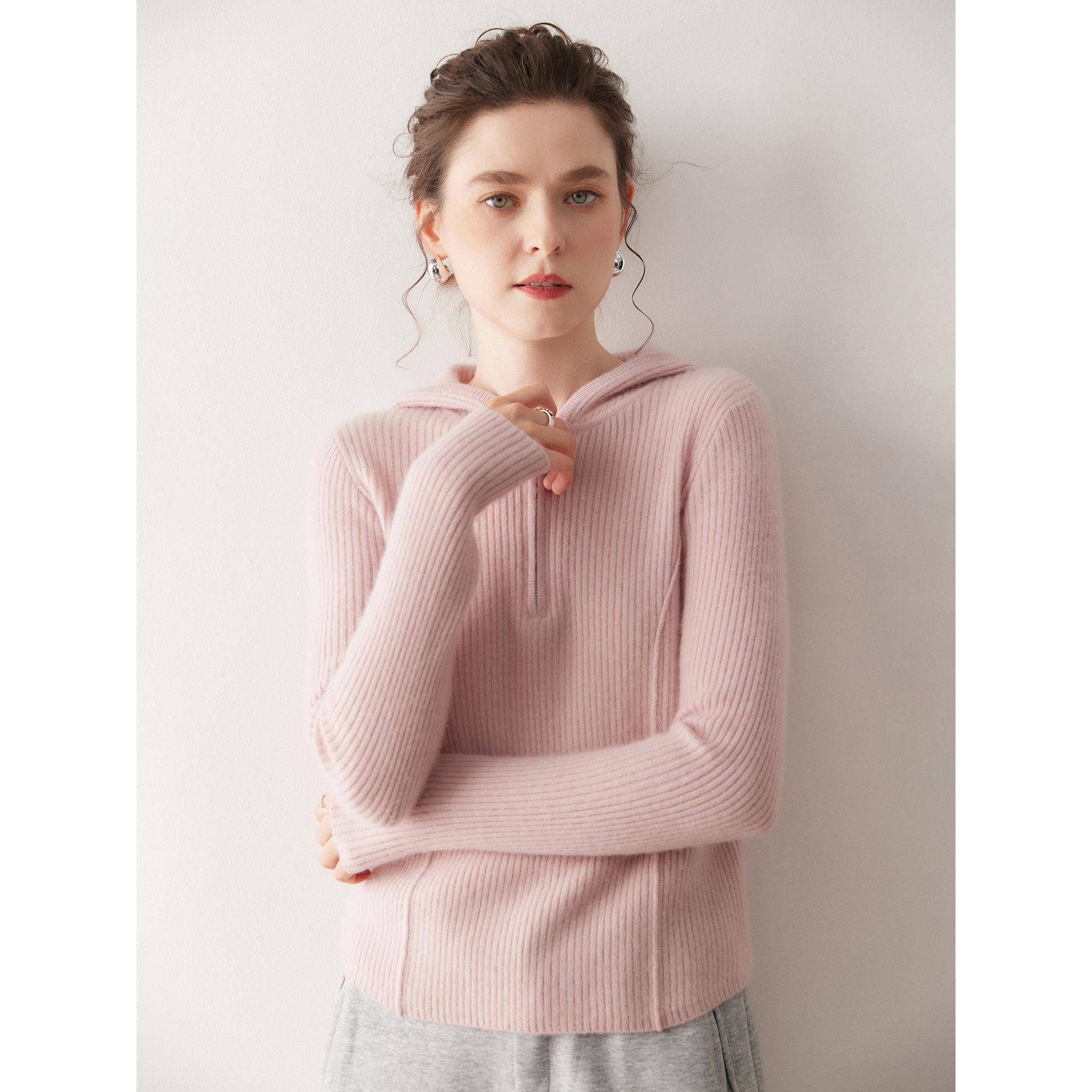 素*律同款 轻奢软糯山羊绒衫女士连帽修身纯色毛衣纯色新款针织衫