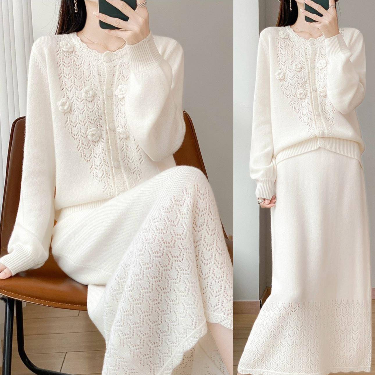 重工勾花套装 100绵羊毛花朵毛衣+半身裙两件套2025秋冬女