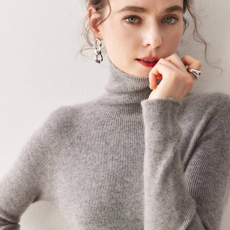 基础经典款2025年新款女士抽条显瘦小山羊绒衫纯色堆堆领修身毛衣