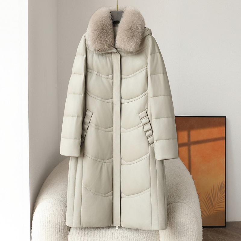 冬季新款真皮羽绒服女长款过膝狐狸毛领连帽宽松高端绵羊皮草外套