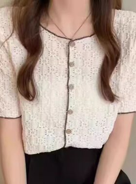 镂空短袖女夏季雪纺别致漂亮小衫宽松新款超仙配半身裙的上衣