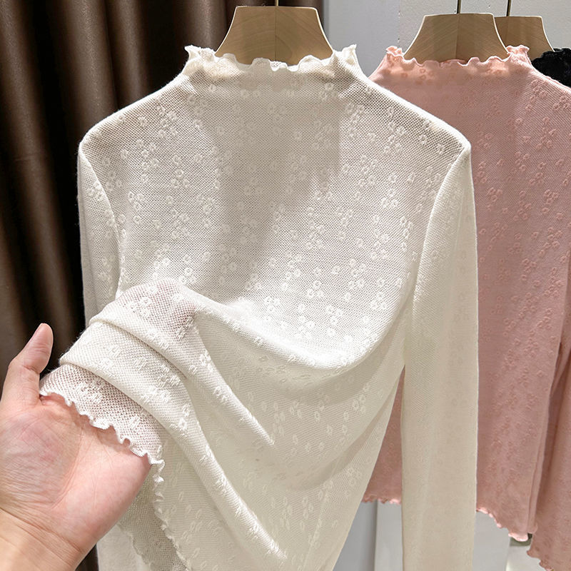 木耳边针织提花蕾丝半高领打底衫女秋冬新款软糯内搭薄款宽松上衣