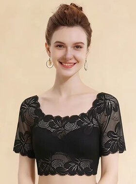 优雅风黑色蕾丝衫女方领短袖修身内搭打底衫高级感减龄上衣