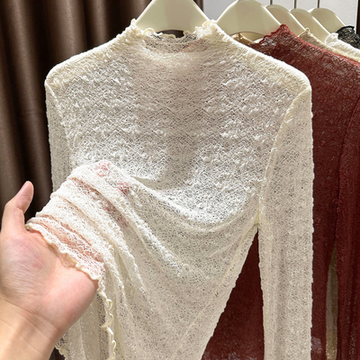 红色蕾丝长袖打底衫女春秋季半高领内搭高级感木耳边网纱T恤上衣