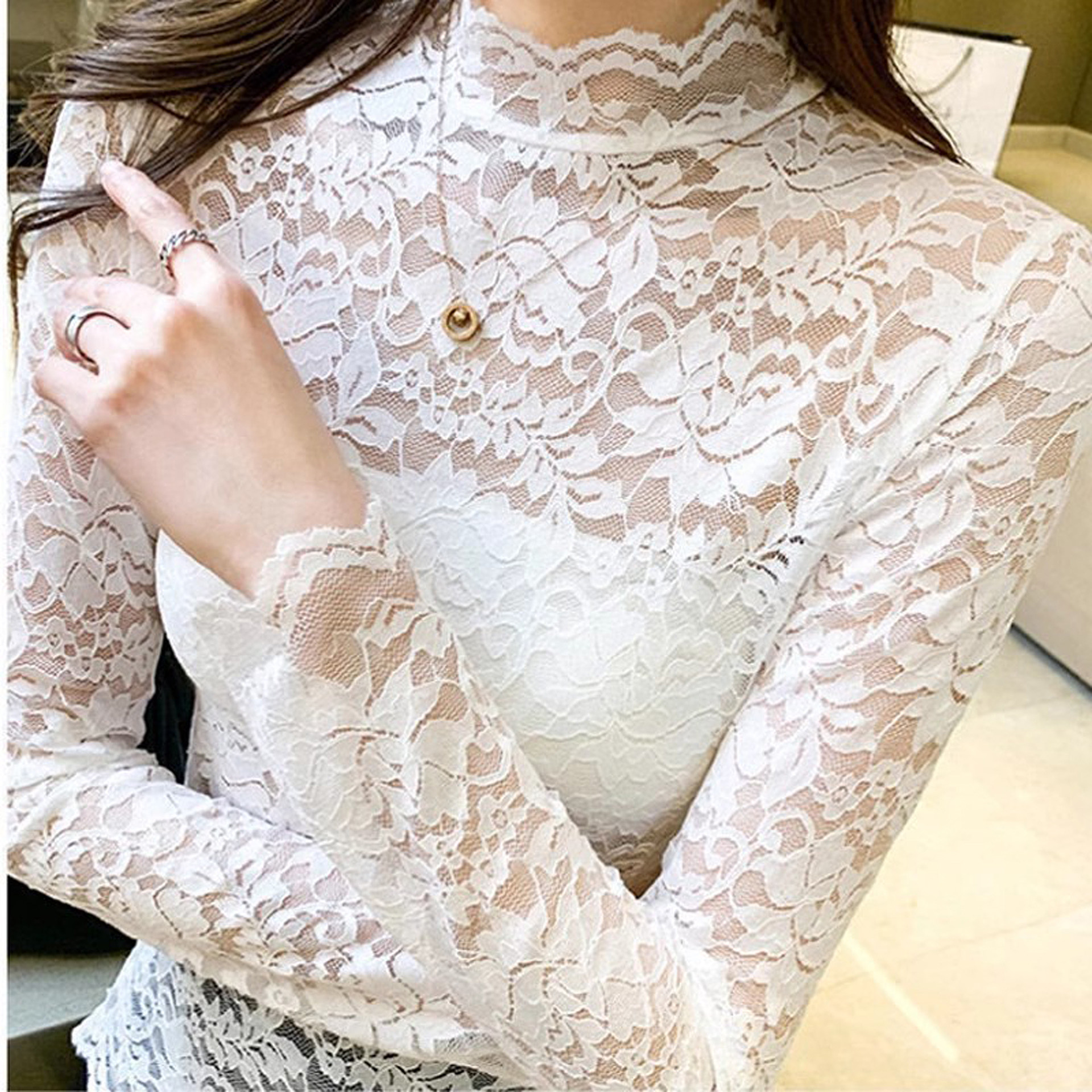 半高领打底衫女秋冬季勾花镂空