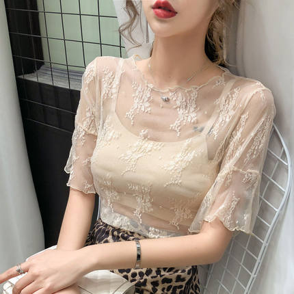 半高领蕾丝打底衫女夏装2023新款欧货洋气小衫内搭短袖网纱上衣潮