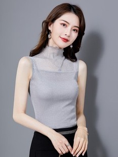 网纱拼接性感2023秋季 内搭背心秋冬上衣黑色 女无袖 高领蕾丝打底衫