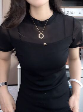 黑色透视网纱拼接短袖上衣女夏季修身显瘦蕾丝衫
