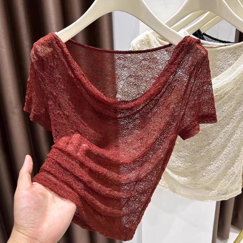 一字肩短袖T恤女夏季2025新款薄纱蕾丝镂空打底衫纯欲辣妹风上衣