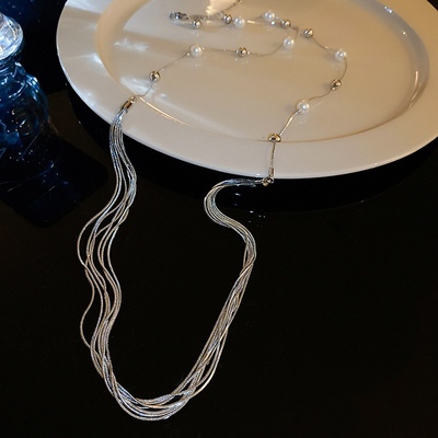 轻奢简约长款多层叠穿珍珠项链秋冬百搭毛衣锁骨链小众高级感配饰