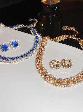 欧美夸张重工满钻镶钻闪亮锁骨链耳钉套装 轻奢高级感复古项链女