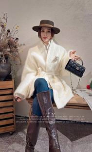 羊绒拉绒羊毛外套中长款秋冬高端腰带拉毛长毛氛围感双面呢大衣女