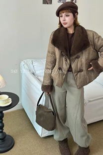 皮扣百搭纯色鹅绒羽绒服女282557 水貂毛领时尚 欧洲站2025冬季 新款