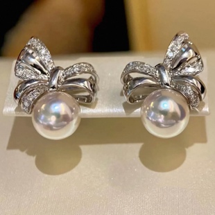 akoya天女澳白南洋金珠珍珠耳钉蝴蝶结款 S925银耳环小众设计耳饰