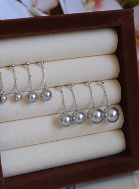 真多麻灰色施家正圆珍珠高级感ins耳坠耳环简约S925银长款锁链款