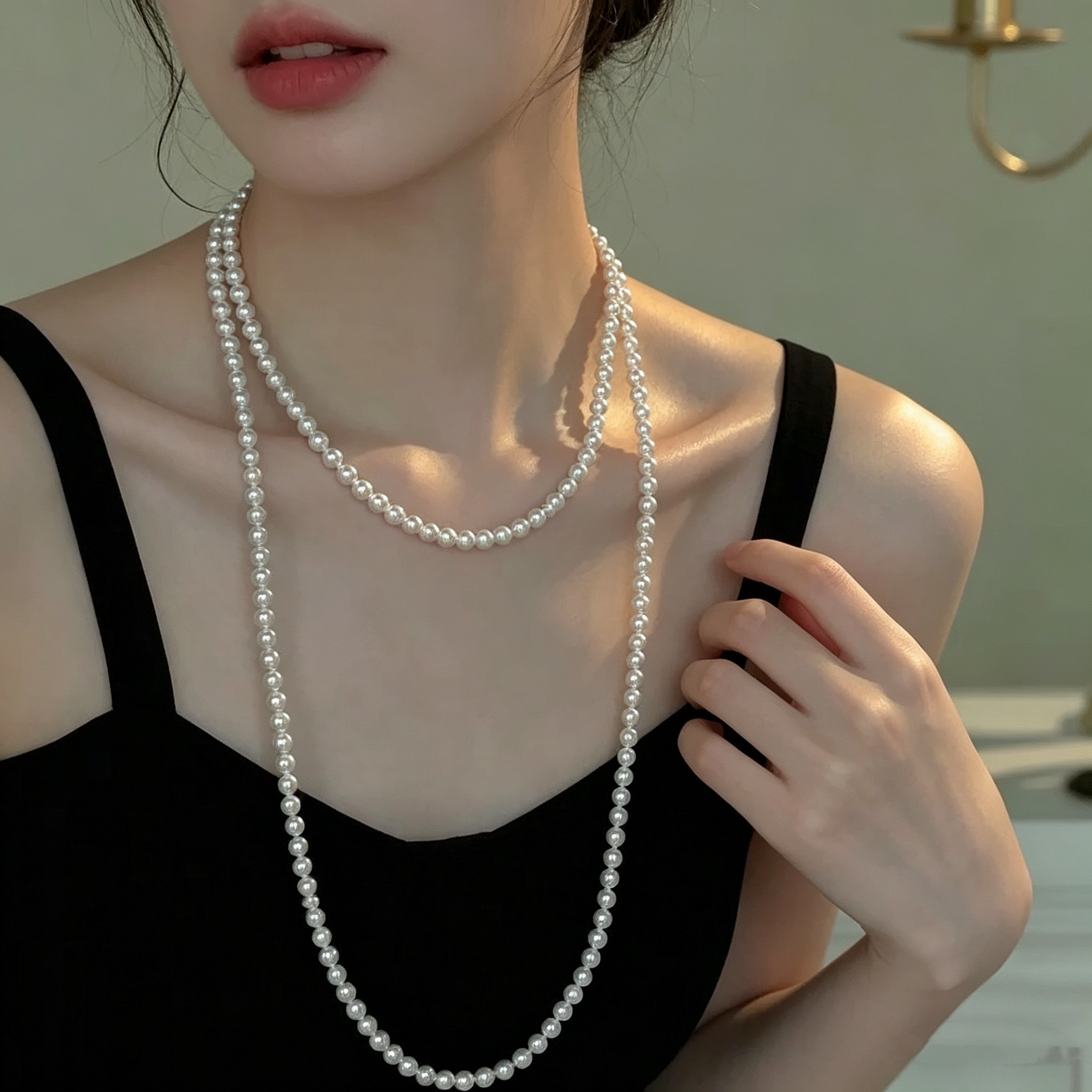 施家新中式多层叠戴中长珍珠项链旗袍女小香风新款爆款毛衣链颈链