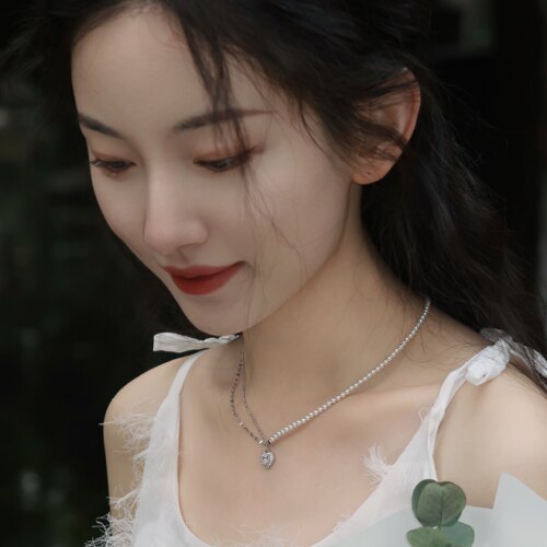 珍珠925银锁骨链原创双层爱心