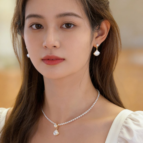 白贝母小裙子扇形珍珠耳钉珍珠项链设计凸显气质耳饰耳钉饰&悟