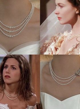 瑞秋斯嘉丽同款多层珍珠项链法式复古三层叠戴赫本多戴款颈链蝴蝶