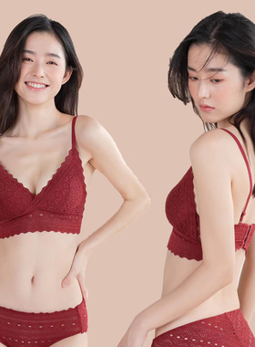 红色无钢圈薄款聚拢大胸显小文胸舒适法式三角杯不空杯内衣
