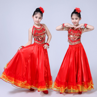 儿童新疆舞蹈练习裙维族彝族藏族舞裙子演出服装半身裙大摆裙包邮