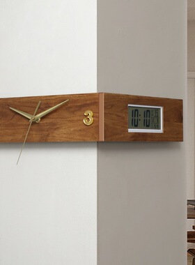 复古客厅转角双面挂钟胡桃木色拐角钟餐厅创意时钟壁挂式LCD钟表
