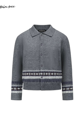 mountain tree费尔岛针织开衫 翻领混纺提花Polo 干练正肩上衣